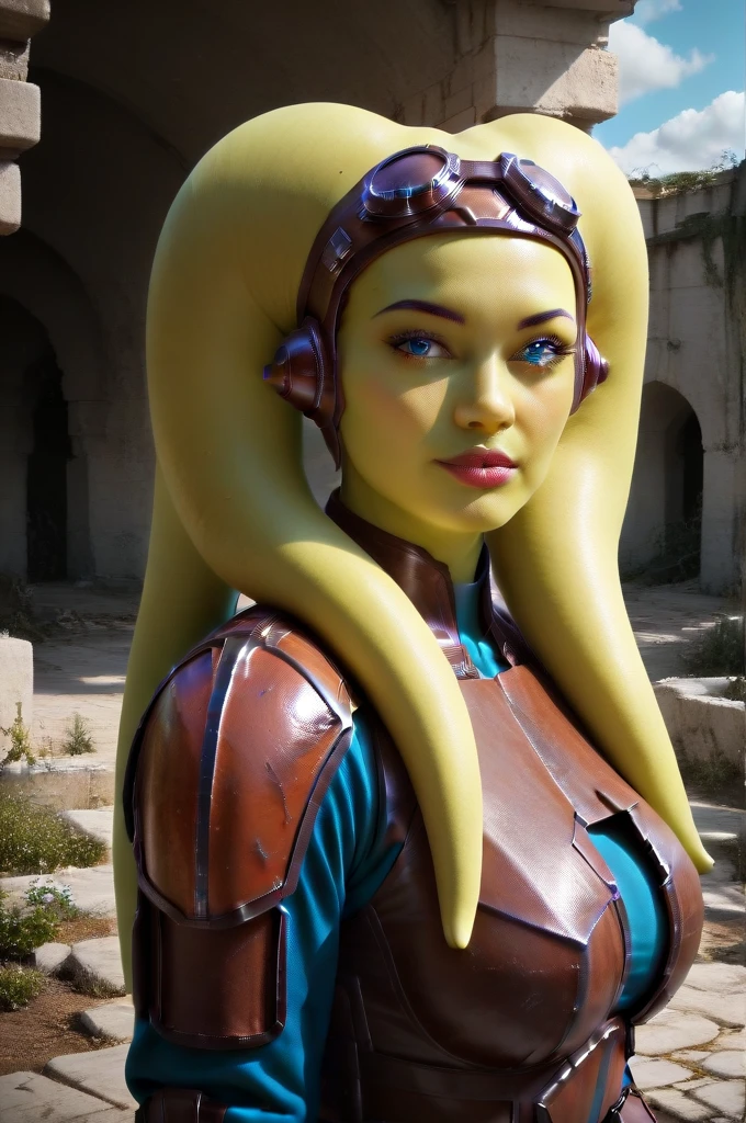 a ((fall body)) (((hera syndulla))) ((green skin )) ((female twi'lek ))mandalorian,walking on snow coverd ruins , ((green fire eyes )) , beautiful detailed eyes, beautiful detailed lips, extremely detailed face, long eyelashes, mandalorian armor, sci-fi, cinematic lighting, dramatic, epic, intricate details, hyper-realistic, 8k, high-quality, photorealistic