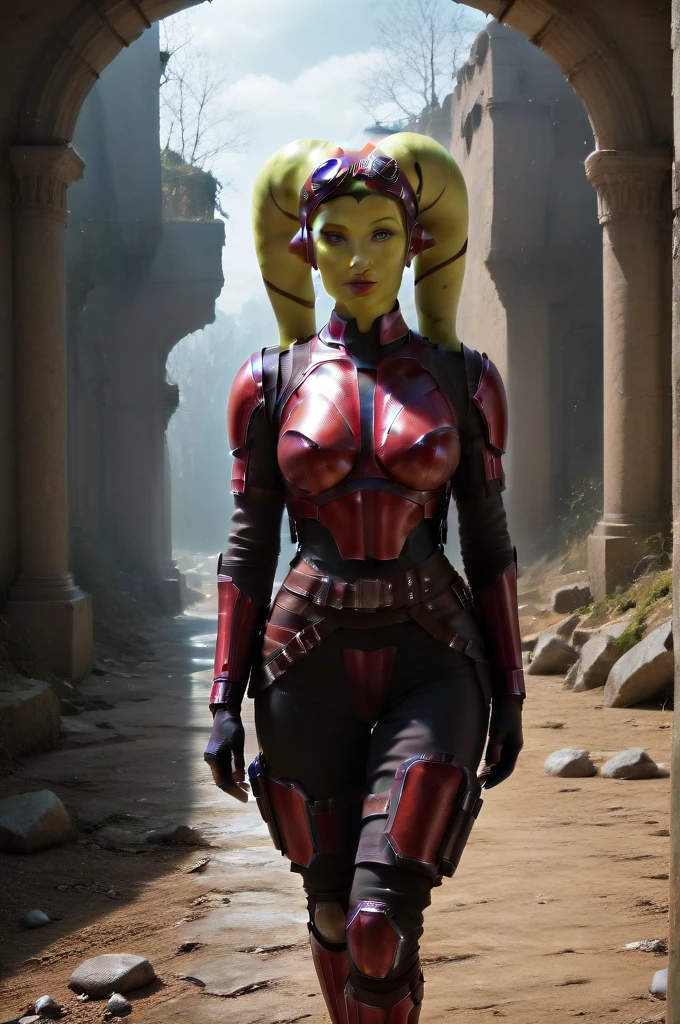 a ((fall body)) (((hera syndulla))) ((green skin )) ((female twi'lek ))mandalorian,walking on snow coverd ruins , ((green fire eyes )) , beautiful detailed eyes, beautiful detailed lips, extremely detailed face, long eyelashes, mandalorian armor, sci-fi, cinematic lighting, dramatic, epic, intricate details, hyper-realistic, 8k, high-quality, photorealistic
