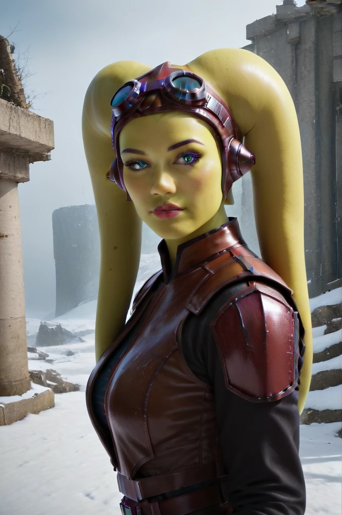 a ((fall body)) (((hera syndulla))) ((green skin )) ((female twi'lek ))mandalorian,walking on snow coverd ruins , ((green fire eyes )) , beautiful detailed eyes, beautiful detailed lips, extremely detailed face, long eyelashes, mandalorian armor, sci-fi, cinematic lighting, dramatic, epic, intricate details, hyper-realistic, 8k, high-quality, photorealistic