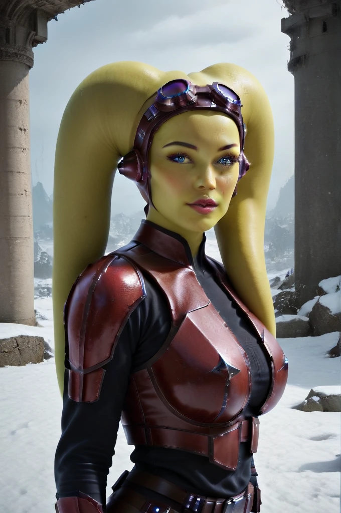 a ((fall body)) (((hera syndulla))) ((green skin )) ((female twi'lek ))mandalorian,walking on snow coverd ruins , ((green fire eyes )) , beautiful detailed eyes, beautiful detailed lips, extremely detailed face, long eyelashes, mandalorian armor, sci-fi, cinematic lighting, dramatic, epic, intricate details, hyper-realistic, 8k, high-quality, photorealistic