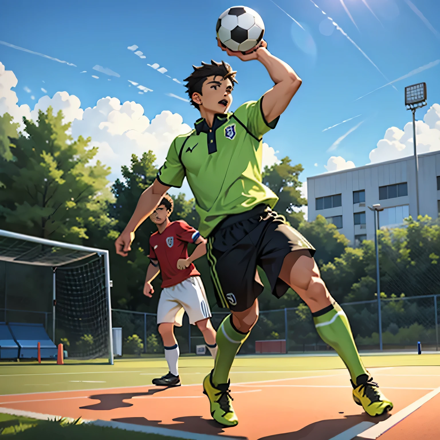 A boy playing football，soccer court，youthfulness，vibrancy