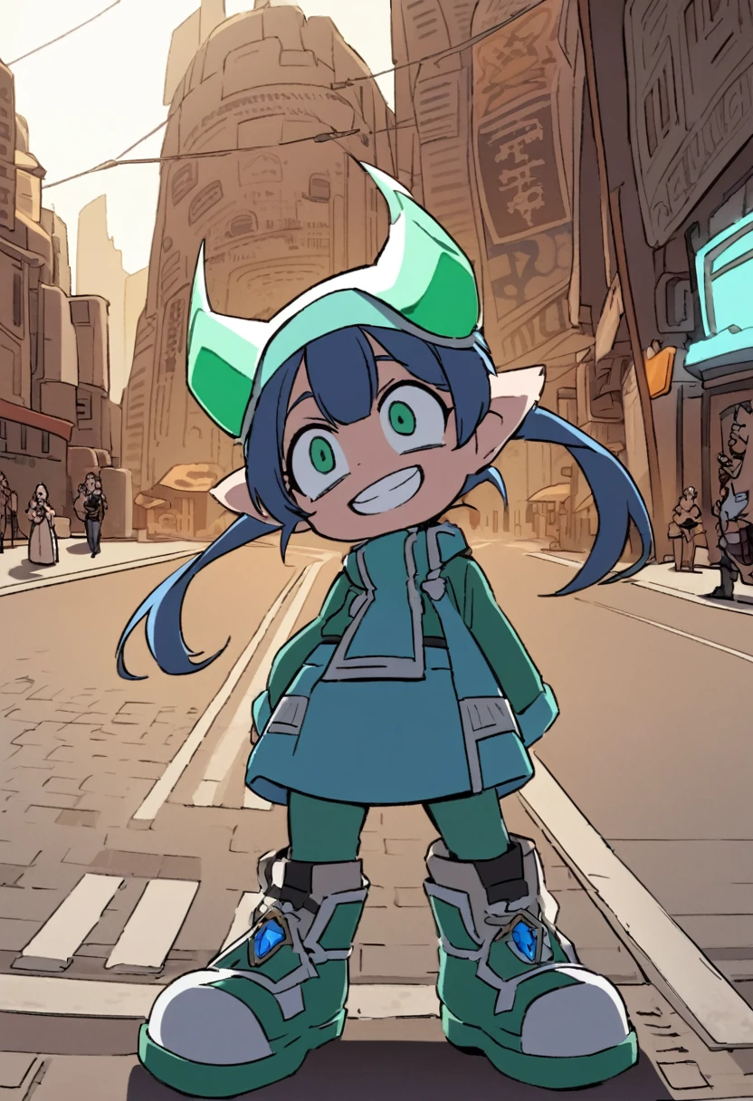 nijilorahorn a pertty nijiboy with crystal - clear horns, wearing blue - green skiwear, twintails, big beautiful ODD eyes, big warm grin, On the streets of a cyberlunk desert city