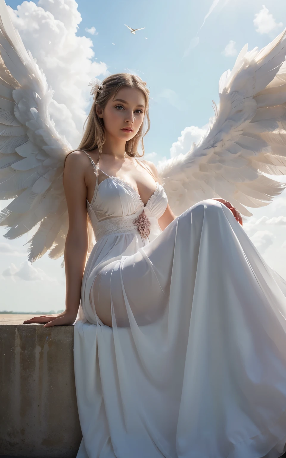 beautiful, masterpiece, beata undine, angel face, big wings , best quality, extremely detailed face, long dress, white, perfect lighting, 1girl, solo, , sitting, blush, sky heaven clouds