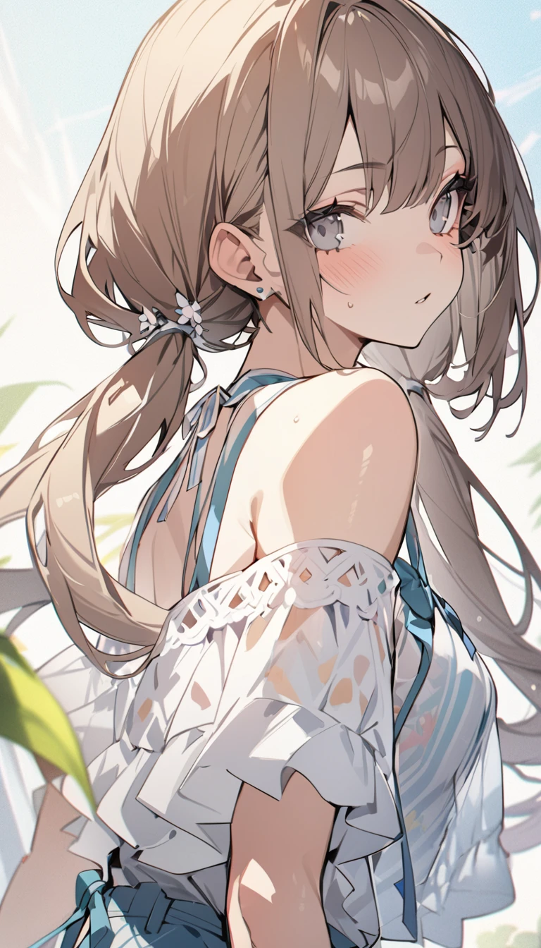 Highest quality masterpiece High resolution masterpiece Brown Bob Grey Eyes High Twintails、Detailed face, Detailed skin、flowerpunk、Summer Outfit、Side view