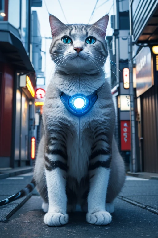 high resolution,8k,Accurate depiction,A neat picture,accurate structure,2024,Tokyo,Cat robot,human sized,light blue