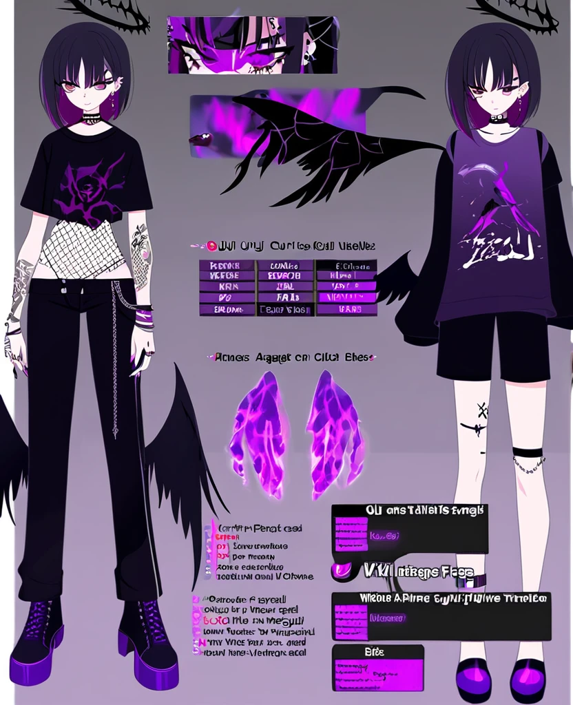 Anime girl. Fallen angel. Black wings. Black halo. Purple and brown eyes. Short, black hair. Purple dye underneath. Singer. On stage. Purple fire. Ouji style. VKei style. Goth. Fire tattoos. Many piercings. Reference sheet. VTuber. Wearing shorts.