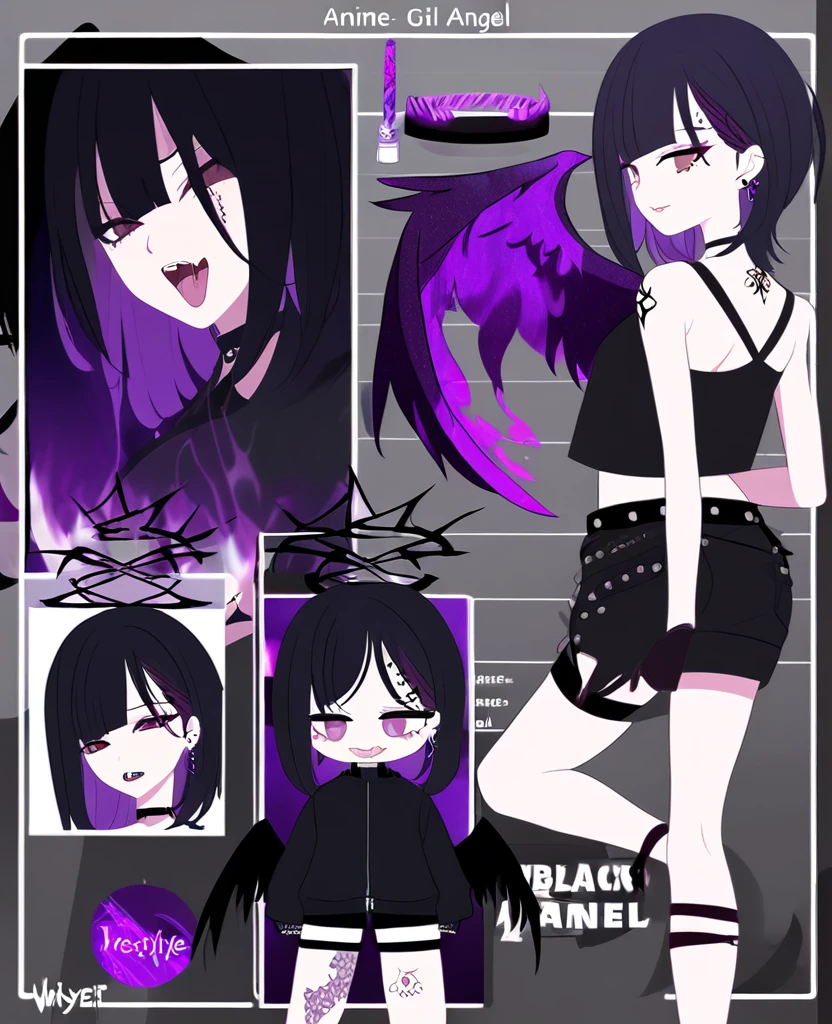 Anime girl. Fallen angel. Black wings. Black halo. Purple and brown eyes. Short, black hair. Purple dye underneath. Singer. On stage. Purple fire. Ouji style. VKei style. Goth. Fire tattoos. Many piercings. Reference sheet. VTuber. Wearing shorts.