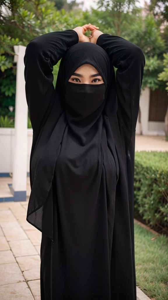 A beautiful Asian girl in a long hijab with tight and clearly visible breasts, In tight black clothes, was raising both hands , and good quality images