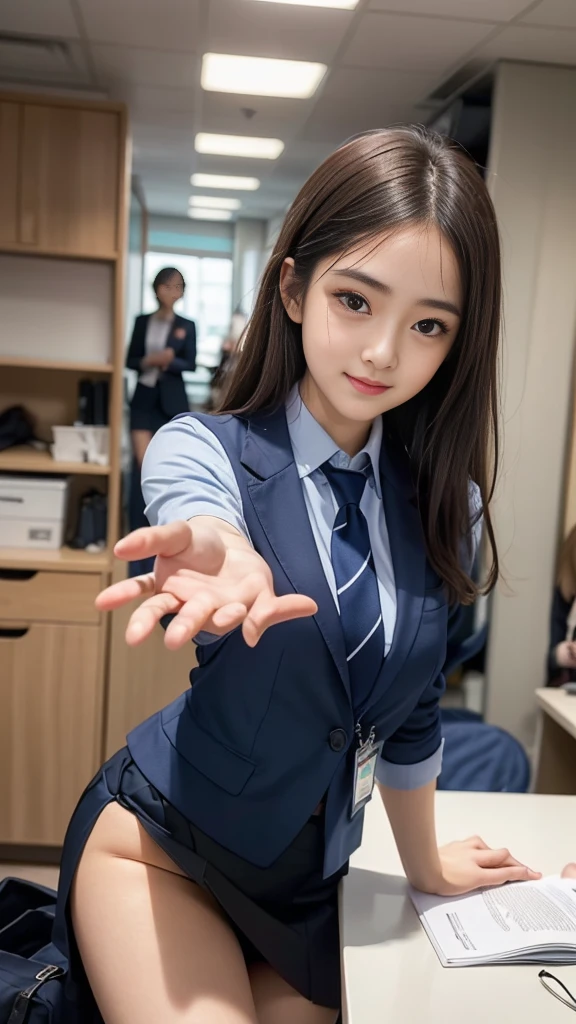 (((A beautiful girl playing around in a brightly colored tie and a neat navy blue suit skirt:1.3))), (8k, RAW Photos, Highest quality, masterpiece:1.2), ((Beautiful girl alone)), Looking at the audience, Viewed from the front, Beautiful white skin, knees, Absurd face is small, Part your bangs down the middle, The forehead is visible, Glare, ((Cute mischievous face:1.3)), Ultra-high resolution, cute, (Slender body line), (Outstanding proportions), ((Office lady suit:1.4)), high school girl, (Idolフェイス, :1.65), Japanese women, Are standing, (Photorealistic:1.37), Photon Mapping, Realistic, cute顔が小さい, Brown eyes, prospect, Written boundary depth, Blurred Background, (I can see the bangs), Silky smooth hair, (Firm stomach:1.3), (Beautiful and slim thighs:1.4), (Small beautiful butt:1.2), (Curved waist), thigh, Nogizaka idol, Idol, (Detailed hands:1.4, Accurate hands:1.4, Beautiful little hands of a girl:1.4), (Firm and beautiful breasts:1.3), Super quality, Low people, (Clear white skin, Skin with visible pores:1.2), (Focus on the face), Check and correct the garment construction, (Perfect Anatomy:1.3), (Detailed eyes and face:1.3, Professional photography techniques), (Girl showing her palm:1.2)