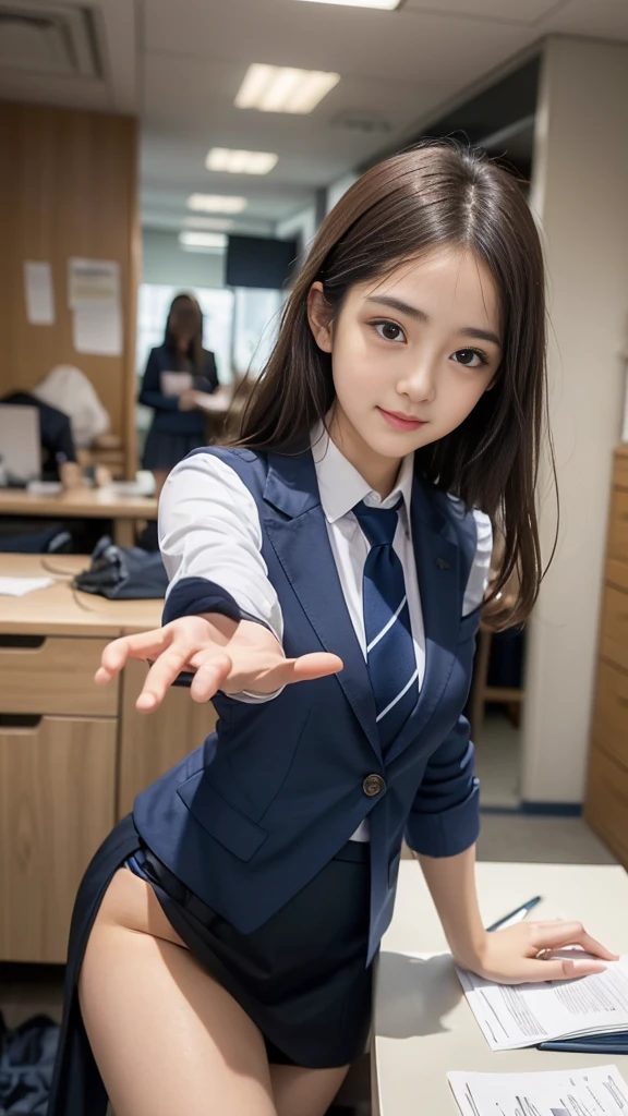 (((A beautiful girl playing around in a brightly colored tie and a neat navy blue suit skirt:1.3))), (8k, RAW Photos, Highest quality, masterpiece:1.2), ((Beautiful girl alone)), Looking at the audience, Viewed from the front, Beautiful white skin, knees, Absurd face is small, Part your bangs down the middle, The forehead is visible, Glare, ((Cute mischievous face:1.3)), Ultra-high resolution, cute, (Slender body line), (Outstanding proportions), ((Office lady suit:1.4)), high school girl, (Idolフェイス, :1.65), Japanese women, Are standing, (Photorealistic:1.37), Photon Mapping, Realistic, cute顔が小さい, Brown eyes, prospect, Written boundary depth, Blurred Background, (I can see the bangs), Silky smooth hair, (Firm stomach:1.3), (Beautiful and slim thighs:1.4), (Small beautiful butt:1.2), (Curved waist), thigh, Nogizaka idol, Idol, (Detailed hands:1.4, Accurate hands:1.4, Beautiful little hands of a girl:1.4), (Firm and beautiful breasts:1.3), Super quality, Low people, (Clear white skin, Skin with visible pores:1.2), (Focus on the face), Check and correct the garment construction, (Perfect Anatomy:1.3), (Detailed eyes and face:1.3, Professional photography techniques), (Girl showing her palm:1.2)