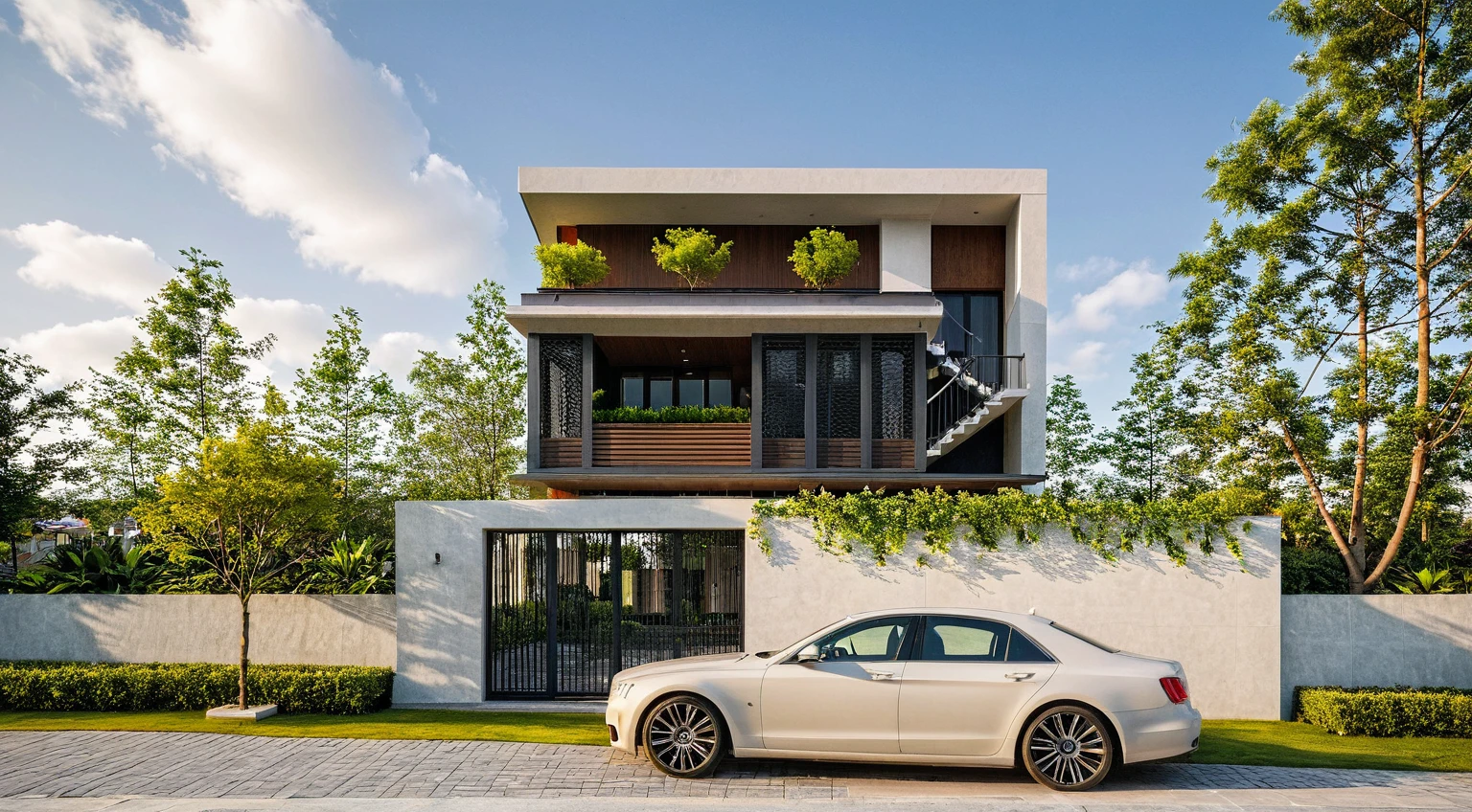 Masterpiece, high quality, best quality, authentic, super detailed, outdoor, aiaigroup, modern townhouse style, stairs, white wall combined with wood, wind encaustic tiles, iron gate, conwood ceiling, flowers, path, summer evening, grass, trees, sky, clouds, (daylight: 1.1)