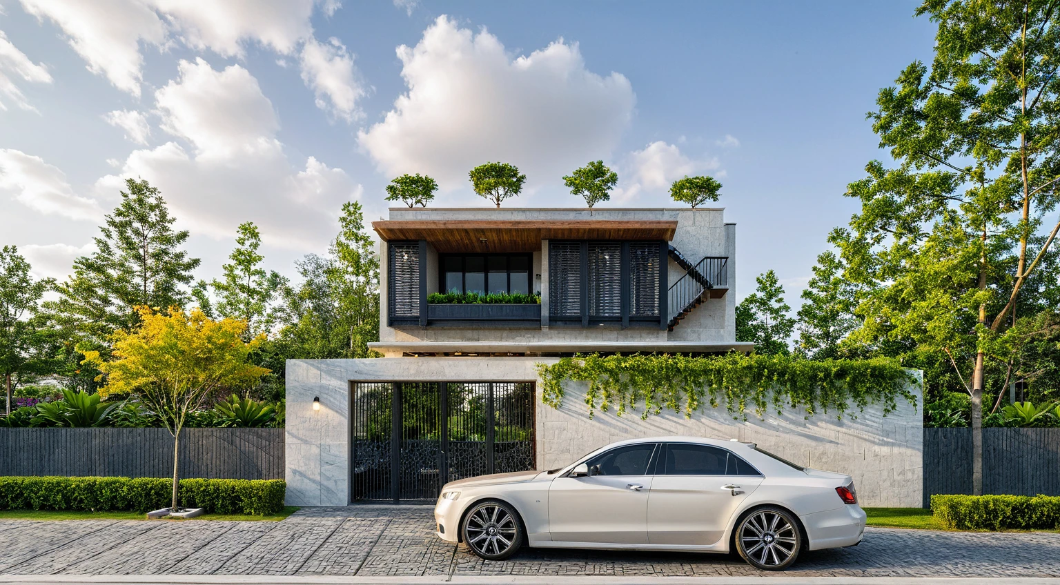 Masterpiece, high quality, best quality, authentic, super detailed, outdoor, aiaigroup, modern townhouse style, stairs, white wall combined with wood, wind encaustic tiles, iron gate, conwood ceiling, flowers, path, summer evening, grass, trees, sky, clouds, (daylight: 1.1)