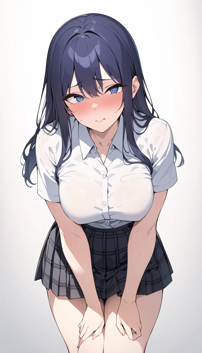 (((masterpiece, High resolution))), perfect face, Japan beauties, 30 years old, beautiful face, white simple background, high school student, skirt, embarrassed look, look at the camera, (top quality eyes), detailed texture, Look at me, Married woman, cool women, ((high resolution eyes)), hentai