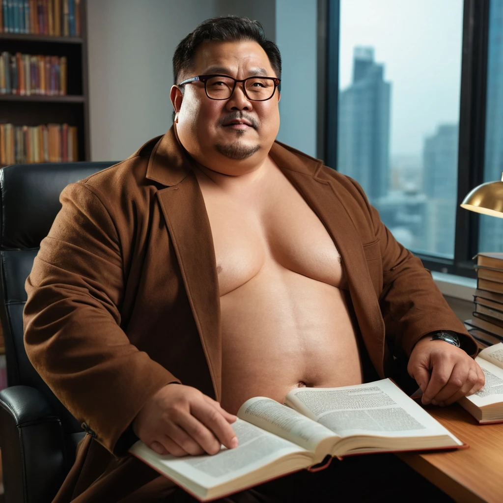 Fat, Chubby man in a brown coat, Shirtless , take off Shirt, Asian 40 year old, eye glasses, Working, Office room, Sitting on chair, books, cinematic composition, detailed facial features, realistic skin textures, high level of detail, 8k, cinematic lighting, photorealistic, Top view, Look up.