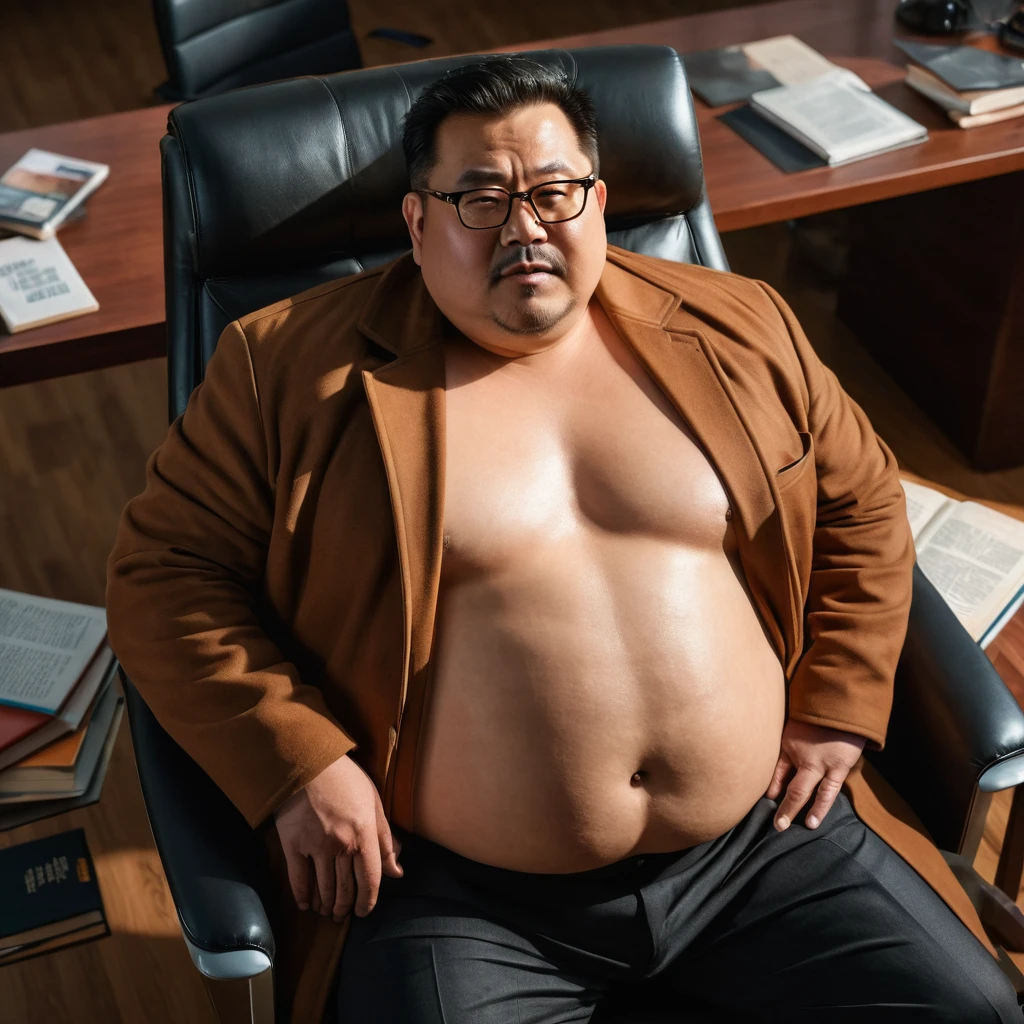 Fat, Chubby man in a brown coat, Shirtless , take off Shirt, Asian 40 year old, eye glasses, Working, Office room, Sitting on chair, books, cinematic composition, detailed facial features, realistic skin textures, high level of detail, 8k, cinematic lighting, photorealistic, Top view, Look up.