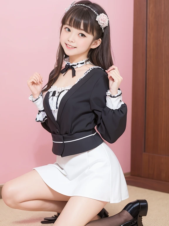 best quality, masterpiece, photo of over the knees, yokohiza, kneeling, A Japanese pretty girl, 16 yo, eye contact, smile, small breast, flat chest, pretty idol costume,