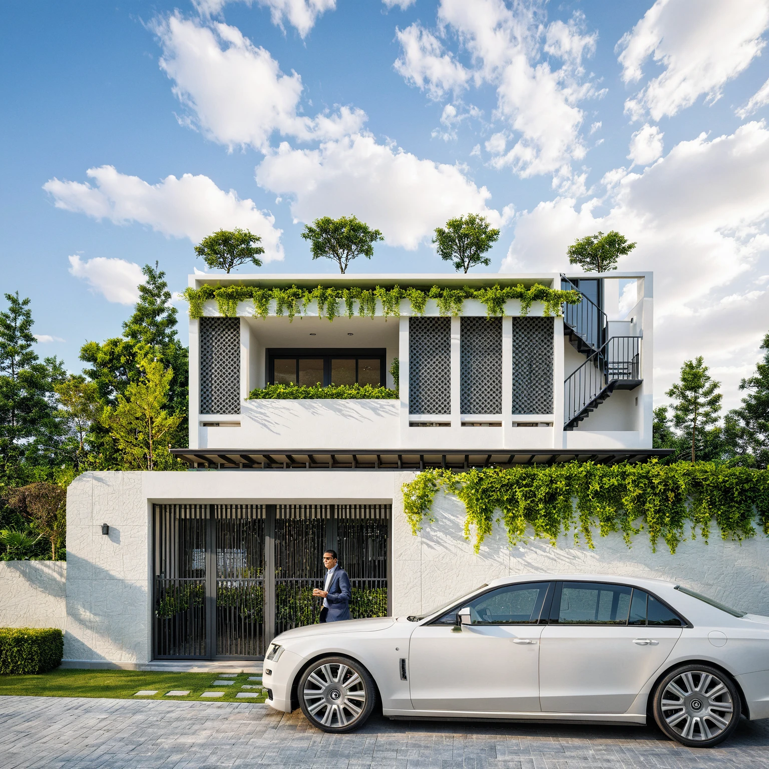 Masterpiece, high quality, best quality, authentic, super detailed, outdoor, aiaigroup, modern 2-storey townhouse style, stairs, white walls combined with conwood, wind encaustic tiles, iron gate, ceiling conwood, flowers, path, summer evening, grass, trees, sky, clouds, (daylight: 1.1)