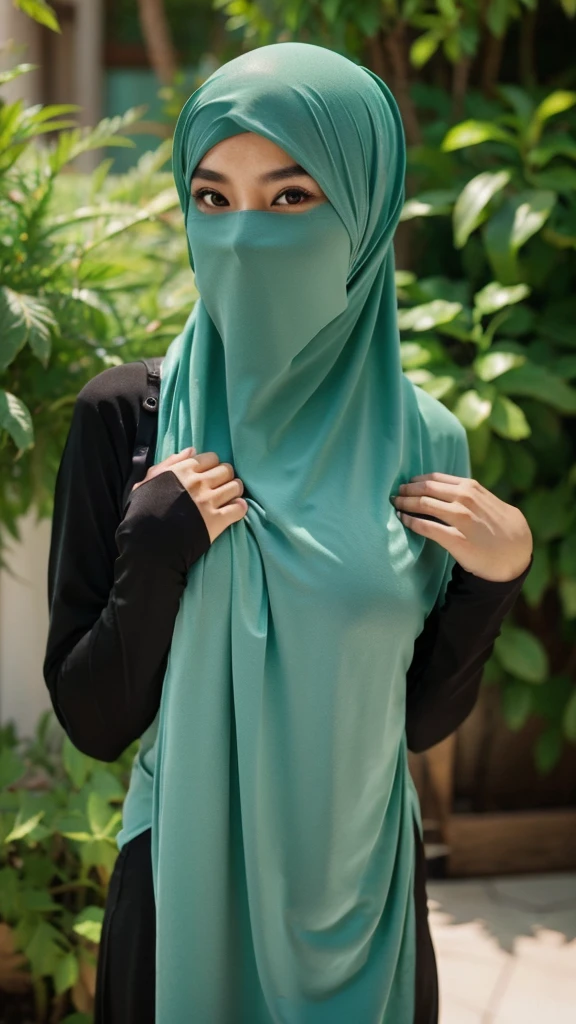 A beautiful Asian girl in a long hijab with tight and clearly visible breasts, In tight black clothes, He was hugging himself sideways, and good quality images