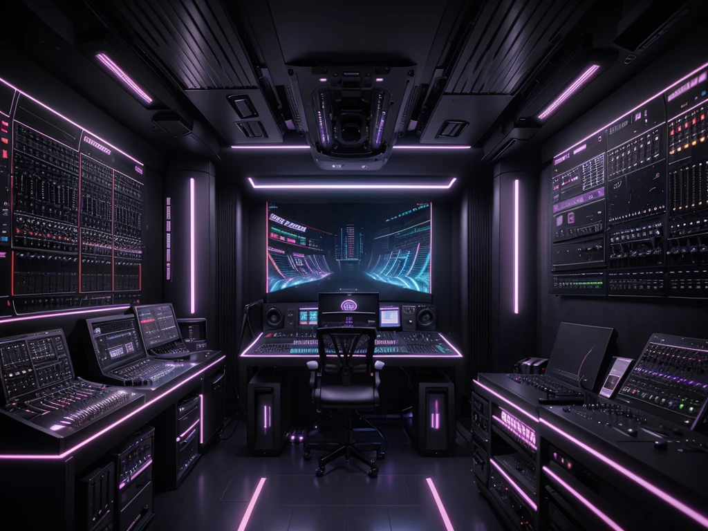 a 3d futuristic music studio, highly detailed, ultra-detailed, cinematic lighting, glossy surfaces, neon accents, advanced audio equipment, electronic synthesizers, mixing consoles, sound waves, volumetric fog, dynamic camera angles, metallic textures, depth of field, photorealistic, 8k, best quality