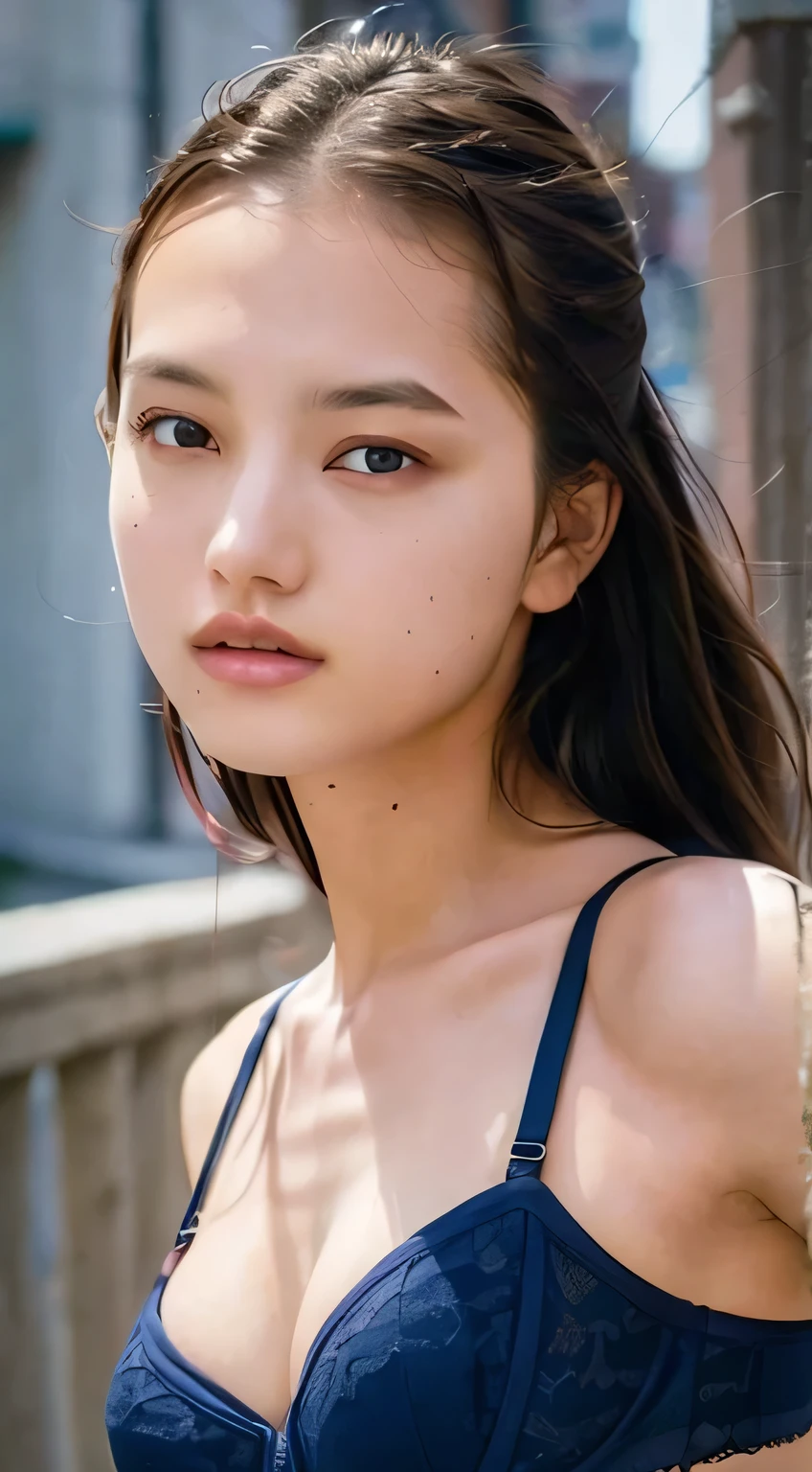 32K, Highest quality, masterpiece, Realistic, Very detailed, photograph, High resolution, 行photograph, High resolution, Confused, Smoother light, Official Art, Written boundary depth, Bright light, Detailed face, anger, Beautiful details in the eyes, 19 years old, cute, Highest quality real texture skin,,View your audience, from the front,((Navy Bra)),((Upper Body)),corset,(Large Breasts)