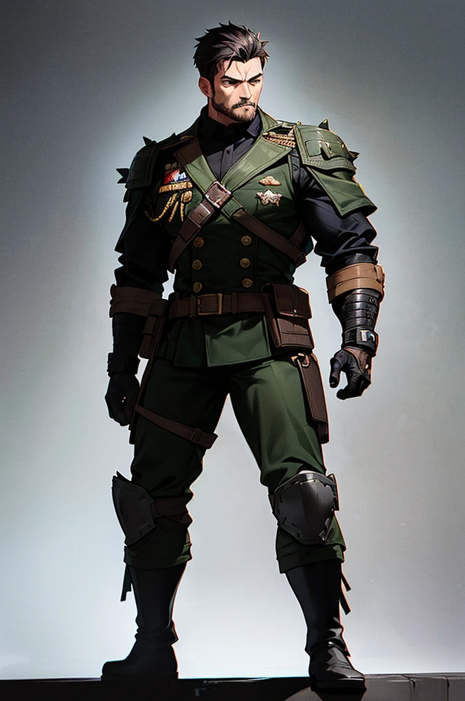 Content: A tall, brown-skinned man with a muscular frame stands confidently in a black military outfit. His short, spiky black hair complements his striking green eyes, which are filled with intensity. Scars mark his face, adding to his rugged and battle-hardened appearance. He wears black leather combat boots that enhance his imposing presence. His stance is firm and authoritative, exuding strength and determination.

Medium: Digital art, character illustration.

Style: Inspired by military-themed anime and video games, with a focus on realistic yet stylized details. The art style captures the essence of a seasoned soldier, combining elements of anime character design with a gritty, realistic touch.

Lighting: Dramatic lighting with strong contrasts to highlight the man’s muscular frame and the details of his military outfit. Shadows play across his scars and facial features, emphasizing his rugged appearance.

Colours: A monochromatic palette dominated by shades of black and dark gray, with subtle highlights to bring out the textures of his outfit and the green of his eyes.

Composition: A full-body shot with a 50mm lens, focusing on the man’s imposing figure. The background is simple and dark, ensuring that the focus remains on his powerful presence and detailed design.