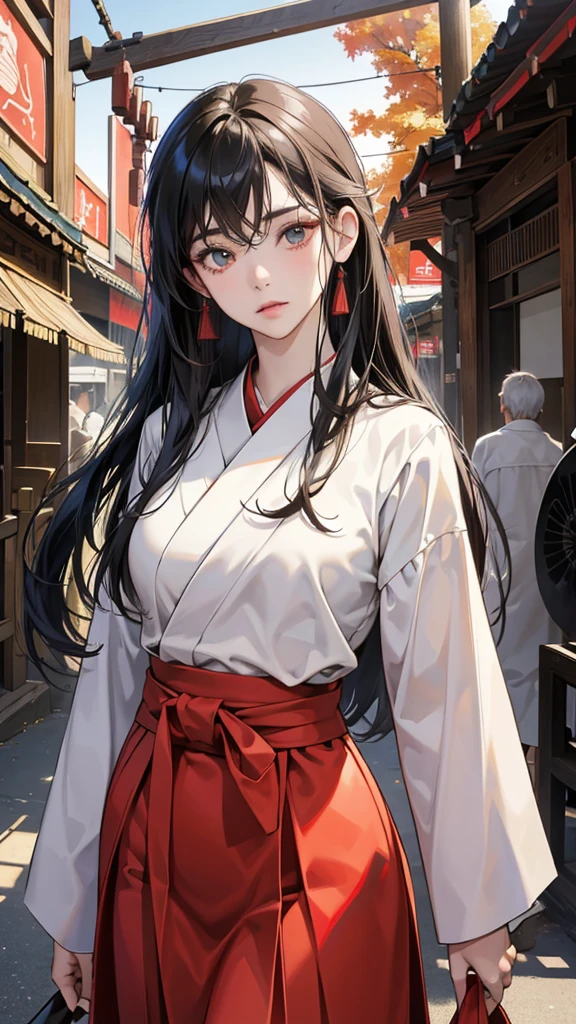 (perfect anatomy:1.2)(absurdres, highres, ultra detailed),masterpiece,best quality,high resolution,8k,Realistic face,Realistic skin texture,magnified textures, stunning clarity,detailed anime girl,(ultra detailed eyes and face),15 years old,black long hair,pale skin,Japanese shrine maiden, mysterious eyes,shrine maiden clothes,(white kimono),(The red long hakama),thin body type,big breasts,,(expressionless:1.2bashful:1.1),Steampunk in the Edo Period、(Vivid hieroglyph signs and street advertisements:1.2)、silence、autumn、hieroglyph,souk、Ancient Egyptian statues、Shopping Street,,look at viewer,(from front:1.3),Delicate atmosphere、,cowboy shot,arms down、Looking at the viewer