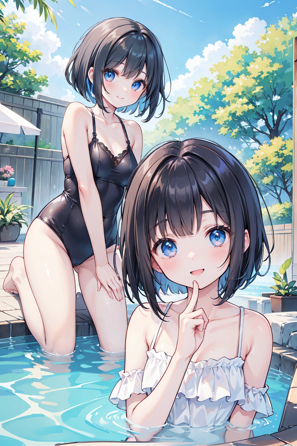 Photorealistic、Highest quality、Highest Resolution、Highest quality、８Ｋ、1人のBeautiful woman、Beautiful woman、Beautiful woman、cute、Bob cut hair、Dark Hair Color、Pale blue eyes、cute水着、Pool、Waterslide、Playing with floats、smile、looks fun、