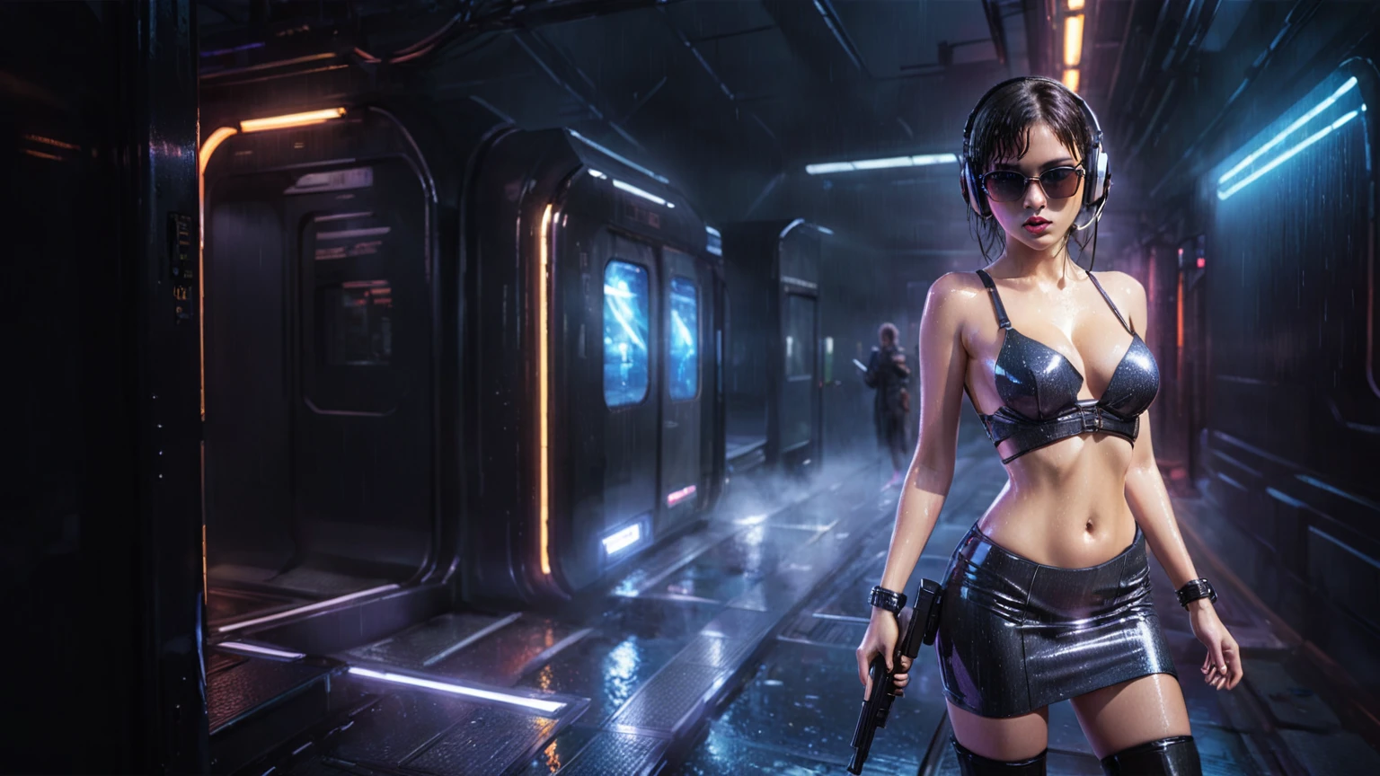 (((aerial view))), Blade Runner style futuristic railway platform, hi-tech train, neon lights, rainy night. (1girl, solo, alone), large-breast:1.2 slim body, cleavage:1.1, sexy wind blowing wet dress:1.4, headphone, (black sunglasses), (((she raised a pistol:1.8 and shot:1.8 the viewer))), dynamic pose, (((half-body thigh level medium shot))), cinematic lighting, lens flare, ray tracing, blurred:1.4 background.