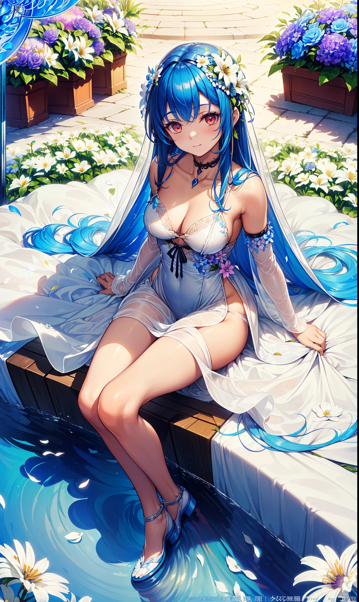 ((best quality)), ((masterpiece)), ((Very detailed)), (illustration), (Detailed lighting), (an extremely delicate and Fair), ((prune)), Excellent_absurd, (Ray Tracing), (reflected light), ((poster)), (Symbolism:1.3), (English text:1.3), rest (8K:1.3), wallpaper, 1 girl, (Girl in the flowers:1.4), (Pure sky blue hair, Red Eyes:1.5), Clear skies, External, Very detailed, best quality, Ultimate quality, masterpiece, Fair, beautiful, sit on the floor, (Absurdly long hair, Clear fabric boundaries:1.4), (Pure white dress, Pure white silk cloth:1.5), (Flower land, A thousand flowers, Colorful flowers, The flowers around her, Various flowers:1.51), young, amazing, attractive, Sundress, , Pure white shoes,精致beautiful眼睛