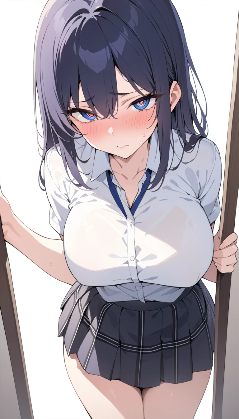(((masterpiece, High resolution))), perfect face, Japan beauties, 30 years old, beautiful face, white simple background, high school student, skirt, embarrassed look, look at the camera, (top quality eyes), detailed texture, Look at me, Married woman, cool women, ((high resolution eyes)), hentai
