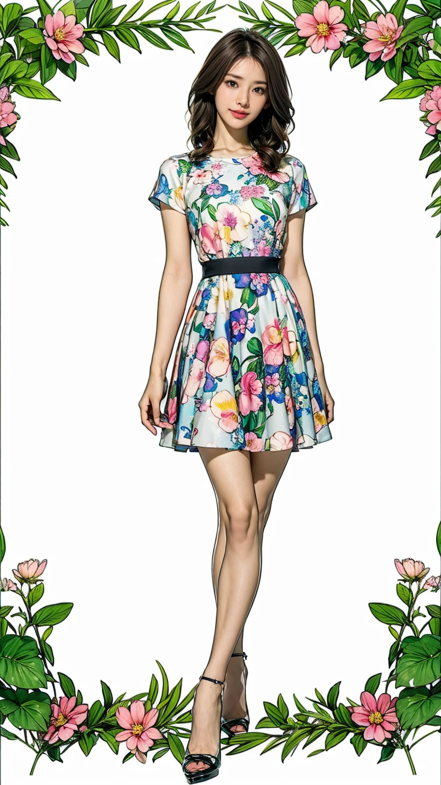 ((masterpiece)),(((Highest quality))),Character design sheet:1.5,Long legs,Slender figure:1.5,whole body:1.5,(One Girl:1.3),(Viewer Display:1.4),The best smile:1.5,(Pointy high heels:1.3),(Stand with legs apart:1.2),(Wearing a floral and plant print mini dress:1.2), Curly Hair:1.5,High waist:1.5,