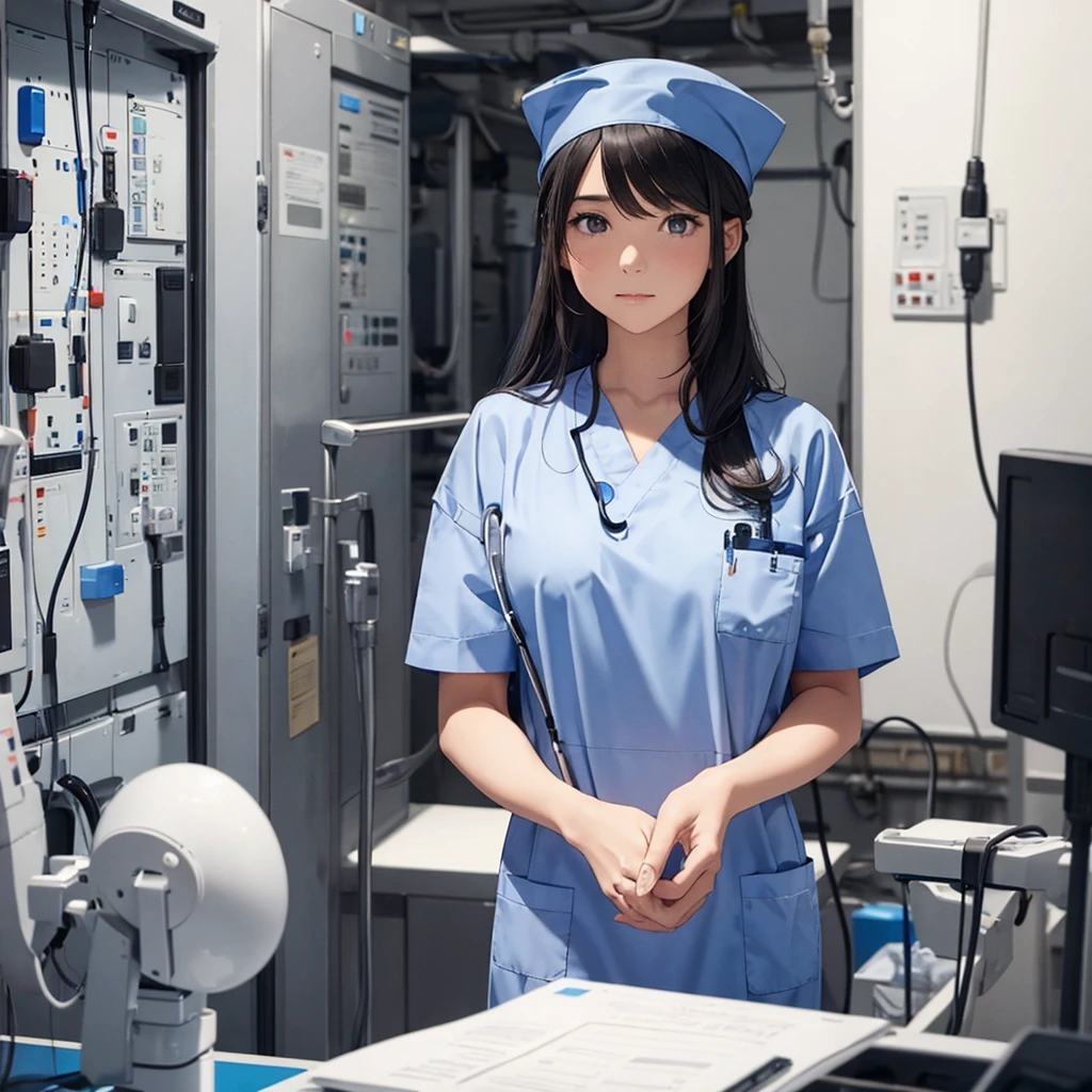 nursing aide,one girl,solo,blue or white scrubs,not wearing a hat or cap, I can't get my head out of the picture, Facing forward.