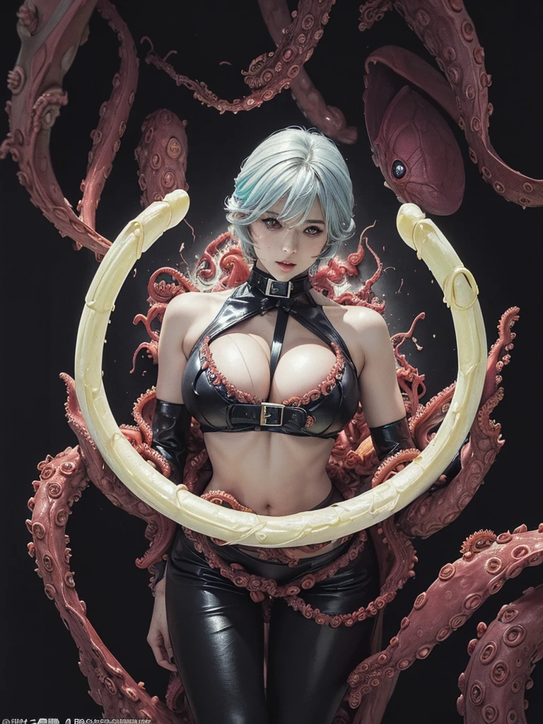 No hair:1.4, Skinhead:1.4, (masterpiece、Highest quality、Official Art、Full Color:2.0), (((Lots of tentacles)))((Tentacles wrap around the body))((tentaclesex:2.0)), Neck up, View from the front, Looking at the audience:1.5, topless, Underless, Black long boots, Black garter belt, (Black bondage suit:1.2), Black collar, Black choker, Glowing Skin, Realistic:1.9, Very detailed, Full Body Shot:1.2, Cleave, Belly button pussy, Expose the center of the body, 高解像度のFull Color写真, High detail, Extremely realistic detail, Ultimate realistic texture, Ultimate in exquisite detail, Professional photos, Sexy portrait of a girl, Voluptuous bust, Tight waist, Cleavage, Trained abdominal muscles, Big Ass,Complete the whole body, Full body image, No underwear, Highest quality, ((background:city:1.4)), Suzune, Suzune's clothes