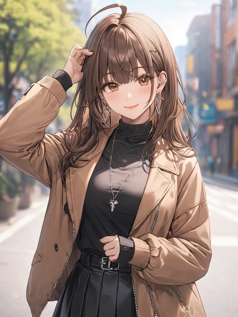 ((masterpiece, best quality)), very aesthetic, absurdres, One girl, Ahoge, bangs, black skirt, black sweater, Blurred, Blurred background, chest, Brown eyes, Brown Hair, brown Jacket, Mouth closed, Day, Depth of written boundary, Earrings, eyelash, Raise your hand, Tilt your head, Jacket, jewelry, Long Hair, Long sleeve, View Viewer, medium chest, Manicure, Open clothes, open Jacket, Outdoor, Pursed lips, Tucked in shirt, Side Lock, skirt, Sleeves are longer than the wrist, alone, sweater, Upper Body, zipper, smile,