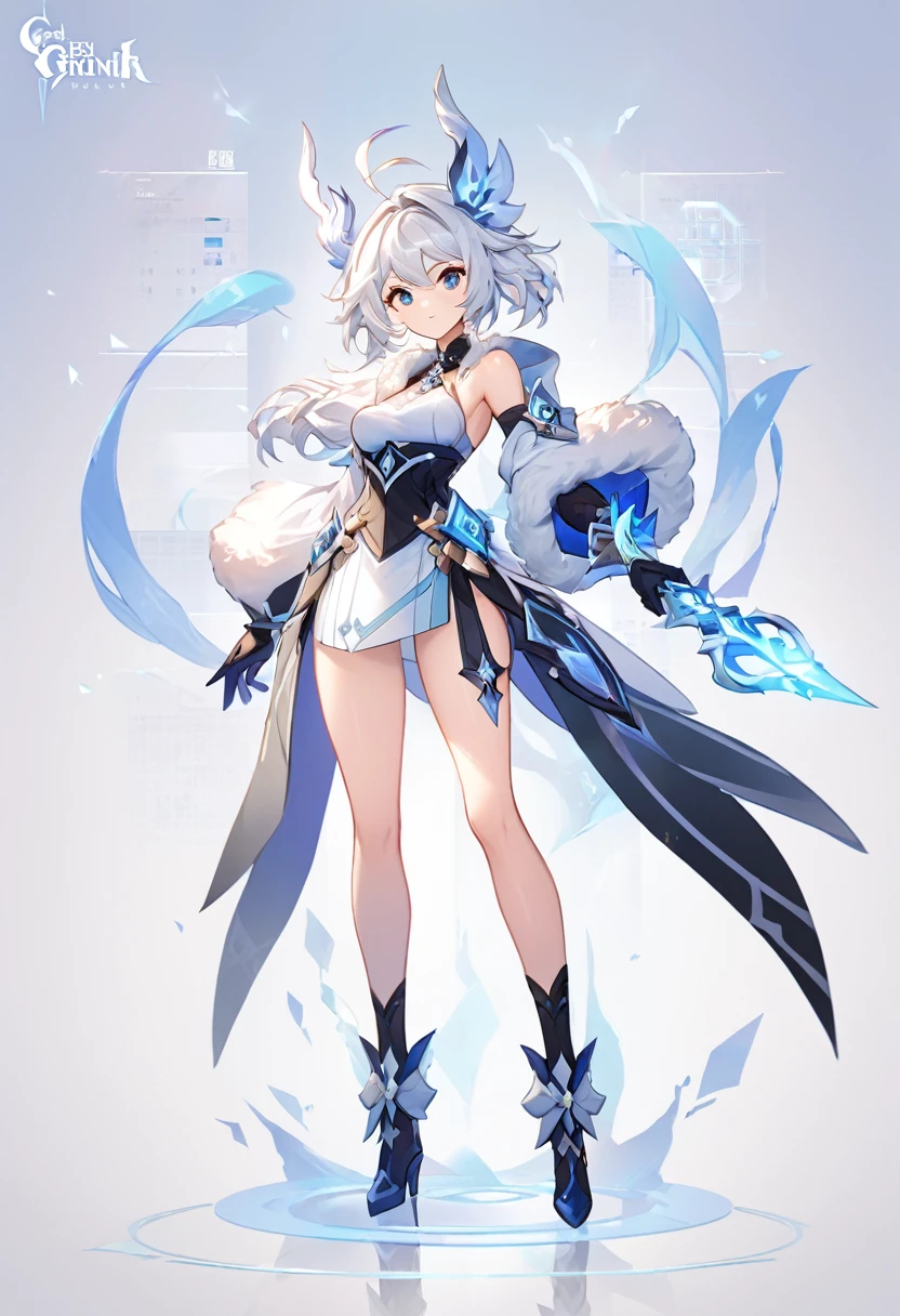 Genshin impact, genshin impact outfit, large breast, standing, character sheet, white backgound, bare shoulders, fur mantle,