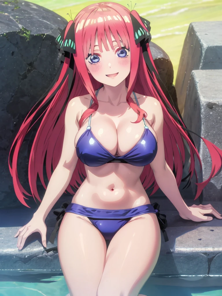 Highest quality, A very exquisite masterpiece, Anime art style, Cute Characters, nakano nino, Swimwear, Large Breasts, blush, Smiling and Gaze, High resolution, accurate, masterpiece, Highest quality, Large Breasts,