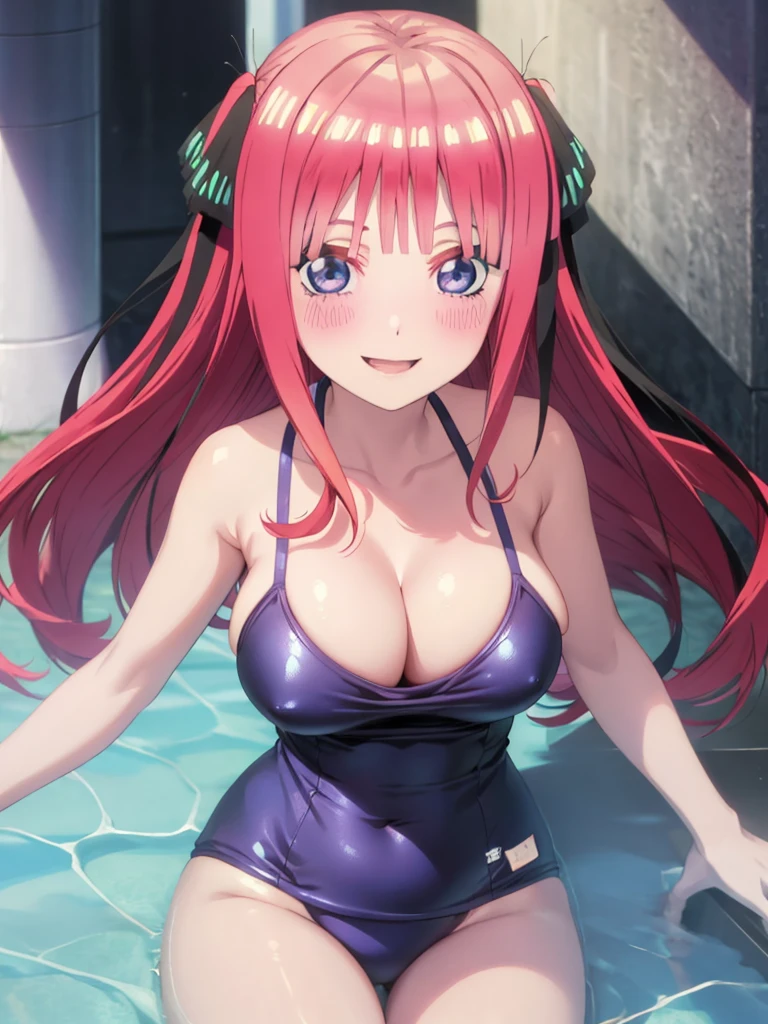 Highest quality, A very exquisite masterpiece, Anime art style, Cute Characters, nakano nino, Swimwear, Large Breasts, blush, Smiling and Gaze, High resolution, accurate, masterpiece, Highest quality, Large Breasts,