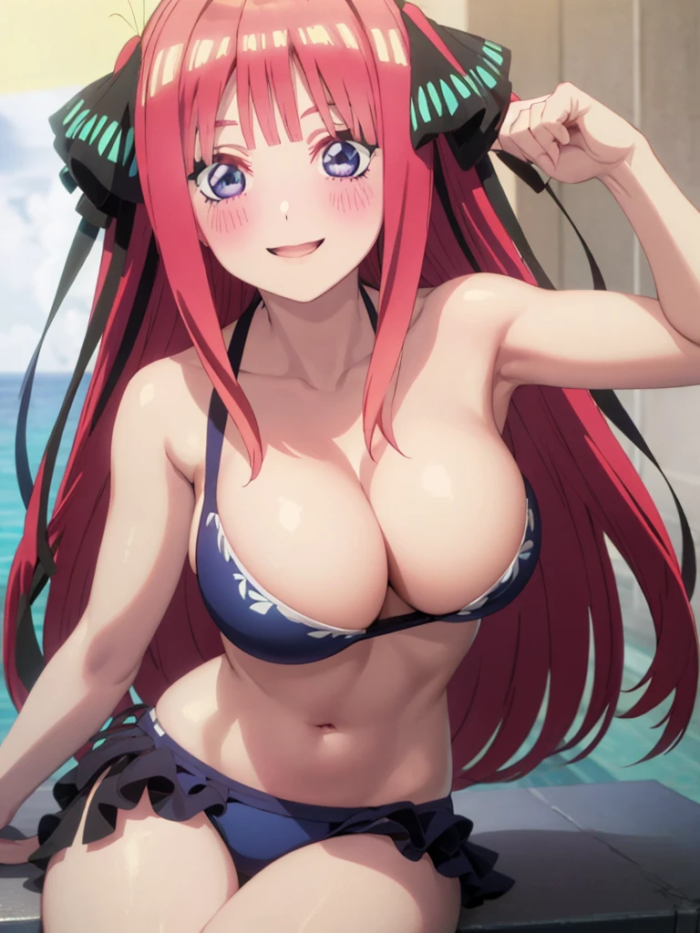 Highest quality, A very exquisite masterpiece, Anime art style, Cute Characters, nakano nino, Swimwear, Large Breasts, blush, Smiling and Gaze, High resolution, accurate, masterpiece, Highest quality, Large Breasts, 