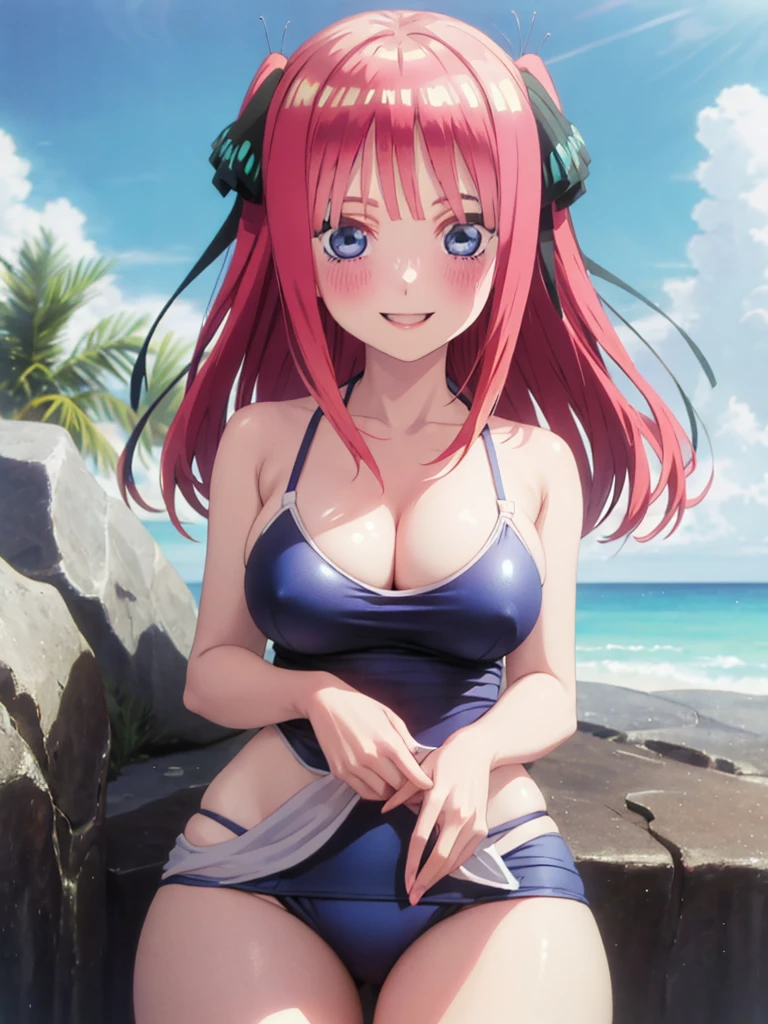 Highest quality, A very exquisite masterpiece, Anime art style, Cute Characters, nakano nino, Swimwear, Large Breasts, blush, Smiling and Gaze, High resolution, accurate, masterpiece, Highest quality, Large Breasts,