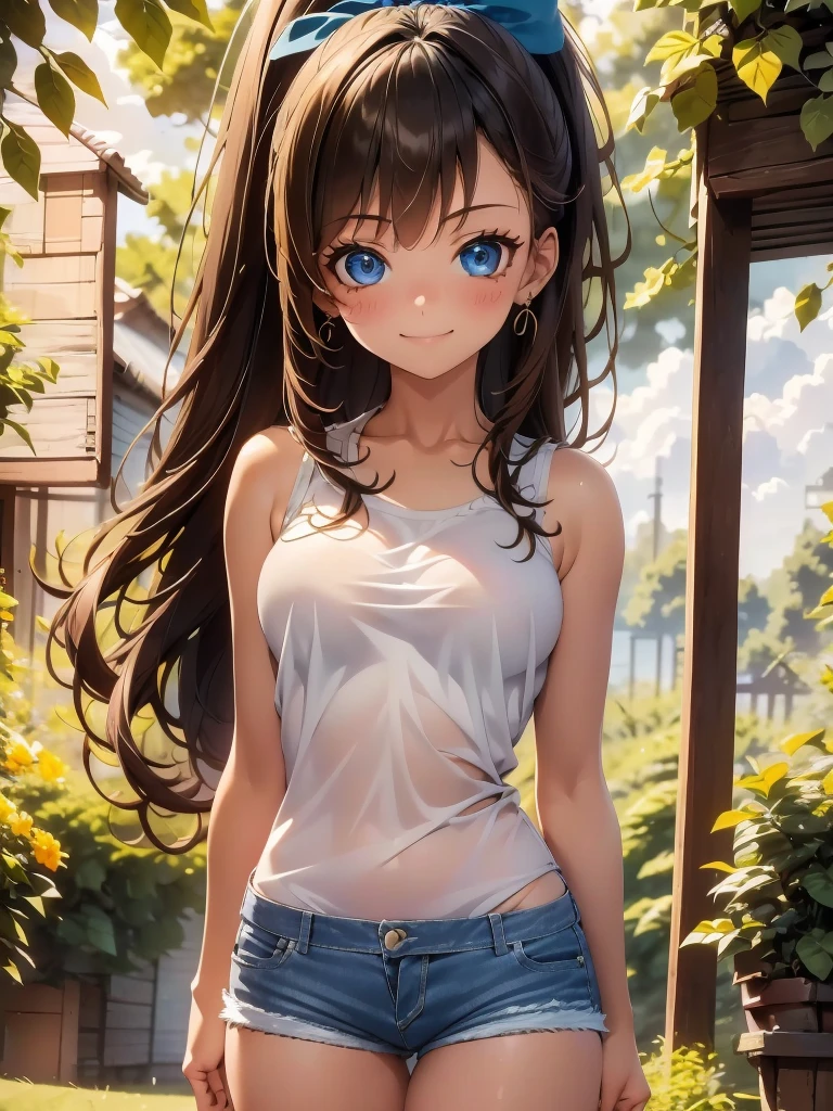 1girl, solo, beautiful girl, brunette skin, blue eyes, detailed anime style, perfect anatomy, perfect hands, narrow waist, medium breasts, long hair, brown hair, high ponytail, asymmetrical bangs, blue eyes, detailed eyes, blush, emerald earrings, orange top, denim shorts, bare arms, bare shoulders, smile, standing, perfect hands, arm up, woods, cabin, sunset, orange sky, clouds, outdoors, high quality, high resolution, from behind, ass, back, looking at viewer