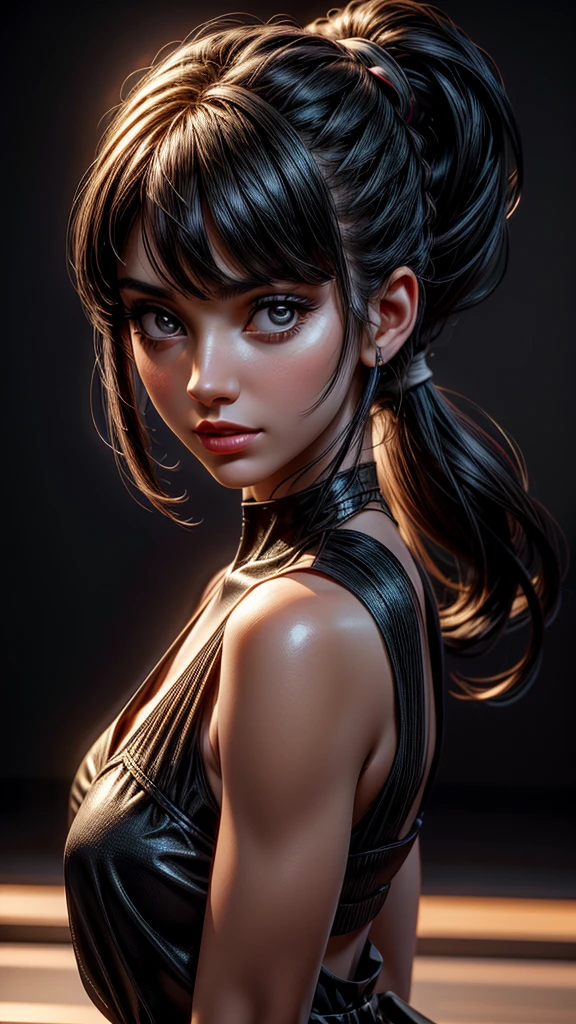 Susana Abaitua Spanish actress, 33 years old, black hair with ponytail and bangs, using the best shadow and lighting techniques, to create a mesmerizing portrait that transcends the visual, ultra-realistic image, perfect symmetry, vibrant and clear, dynamic view, high level of detail and definition, 1200 PPI - Photographic resolution with greater color realism, hyperrealisti, high fidelity, cinematic, 8K UHD image resolution.