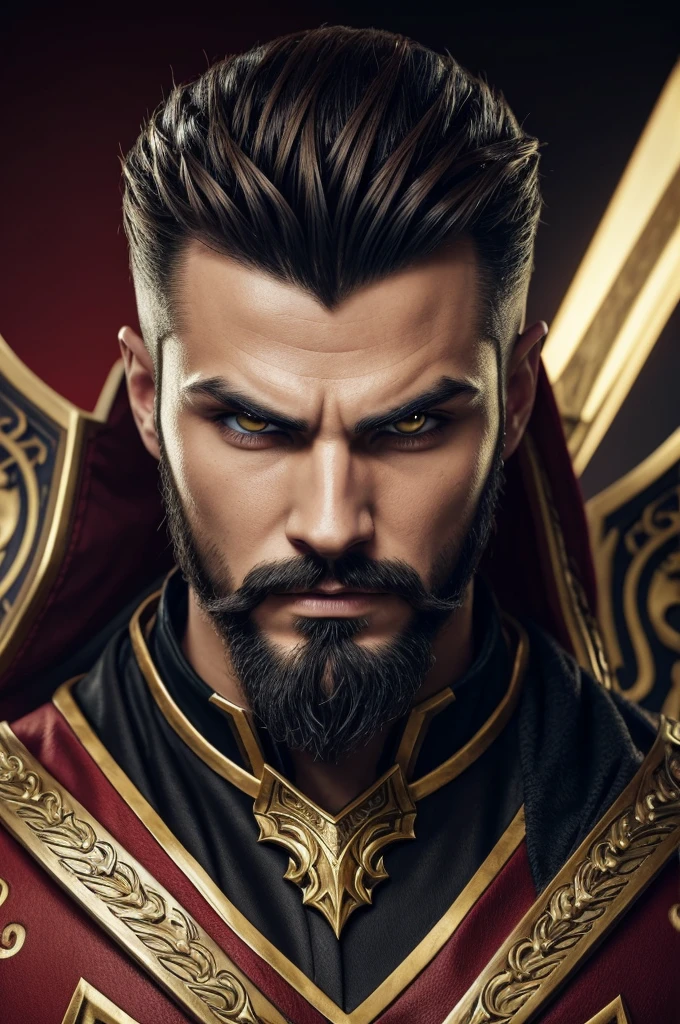 a detailed portrait of draven from league of legends, handsome male character, extremely detailed face and eyes, sharp facial features, flowing blonde hair, intense gaze, arrogant expression, wearing a red and gold armor, ornate headpiece, holding his signature spinning axes, dramatic lighting, dark background, cinematic angle, photorealistic, 8k, high quality, digital art, psyco eyes
