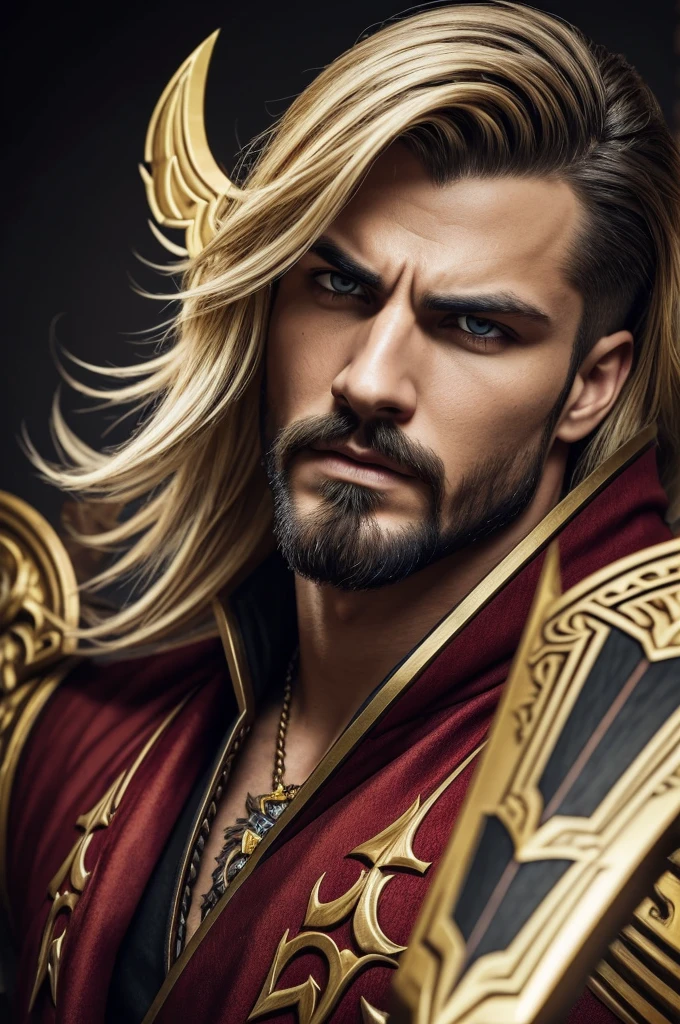a detailed portrait of draven from league of legends, handsome male character, extremely detailed face and eyes, sharp facial features, flowing blonde hair, intense gaze, arrogant expression, wearing a red and gold armor, ornate headpiece, holding his signature spinning axes, dramatic lighting, dark background, cinematic angle, photorealistic, 8k, high quality, digital art, psyco eyes