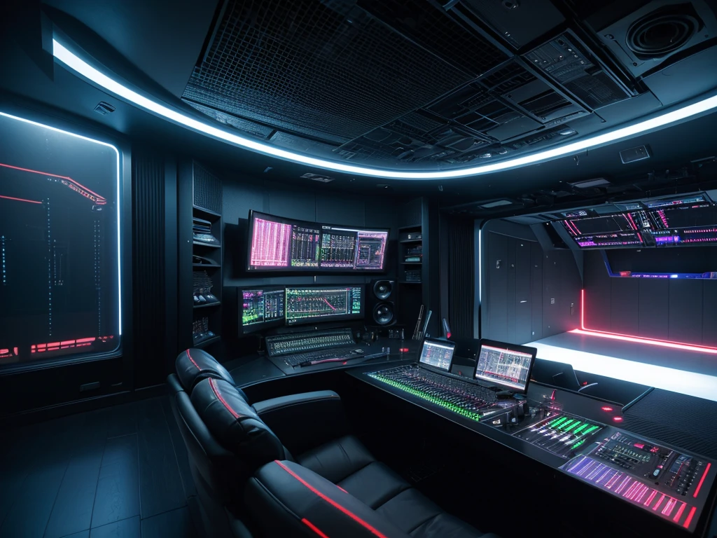 a 3d futuristic music studio, highly detailed, ultra-detailed, cinematic lighting, glossy surfaces, neon accents, advanced audio equipment, electronic synthesizers, mixing consoles, sound waves, volumetric fog, dynamic camera angles, metallic textures, depth of field, photorealistic, 8k, best quality