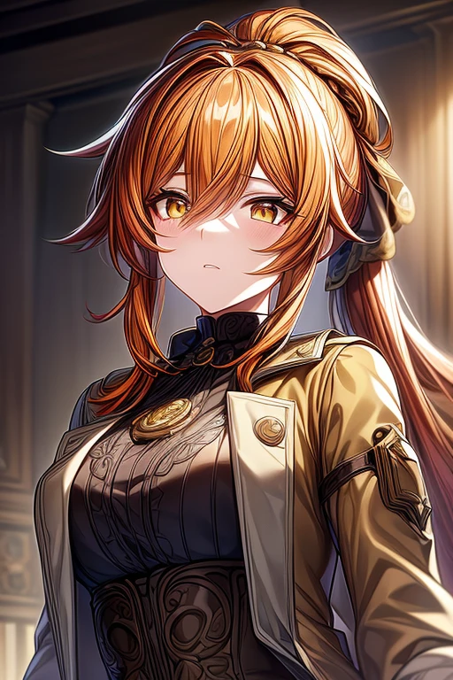 (masterpiece, best quality, perfect face, expressive eyes), 1girl, (anime), intricate details, orange hair, yellow eyes, brown vest, brown trench coat, ponytail, long hair,