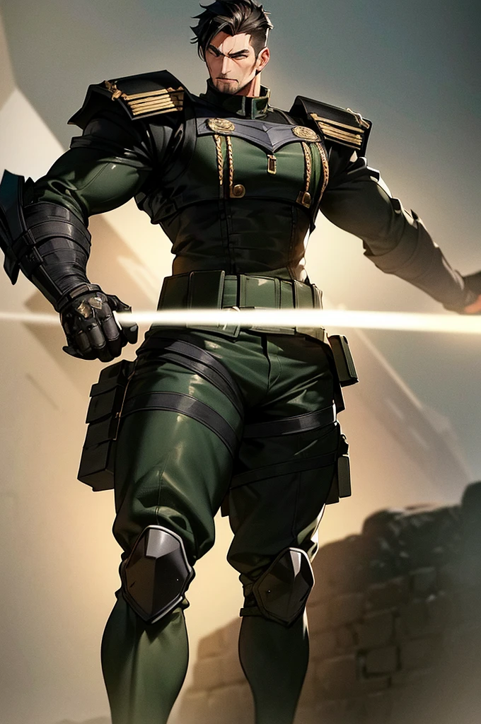 Content: A tall, brown-skinned man with a muscular frame stands confidently in a black military outfit. His short, spiky black hair complements his striking green eyes, which are filled with intensity. Scars mark his face, adding to his rugged and battle-hardened appearance. He wears black leather combat boots that enhance his imposing presence. His stance is firm and authoritative, exuding strength and determination.

Medium: Digital art, character illustration.

Style: Inspired by military-themed anime and video games, with a focus on realistic yet stylized details. The art style captures the essence of a seasoned soldier, combining elements of anime character design with a gritty, realistic touch.

Lighting: Dramatic lighting with strong contrasts to highlight the man’s muscular frame and the details of his military outfit. Shadows play across his scars and facial features, emphasizing his rugged appearance.

Colours: A monochromatic palette dominated by shades of black and dark gray, with subtle highlights to bring out the textures of his outfit and the green of his eyes.

Composition: A full-body shot with a 50mm lens, focusing on the man’s imposing figure. The background is simple and dark, ensuring that the focus remains on his powerful presence and detailed design.