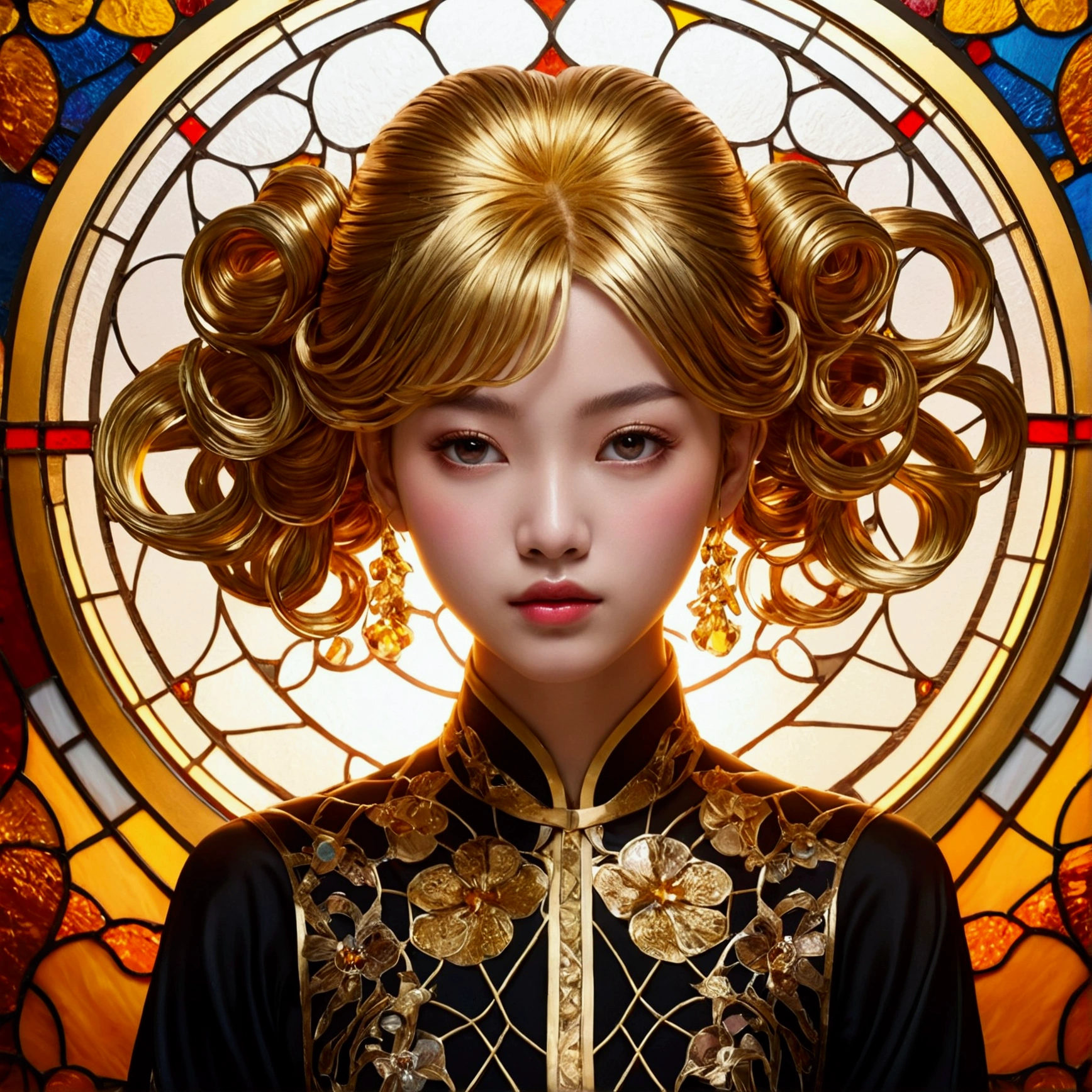 (masterpiece, Highest quality, Highest quality,Official Art, beautifully、Super Gold Hairstyle、aesthetic:1.2),(One girl:1.3), One girl BREAK stained glass art, Colored Glass, Lead wire, Light transmission BREAK Vivid colors, Intricate Design, Glowing effect, Spiritual atmosphere、Background abstract Japanese style