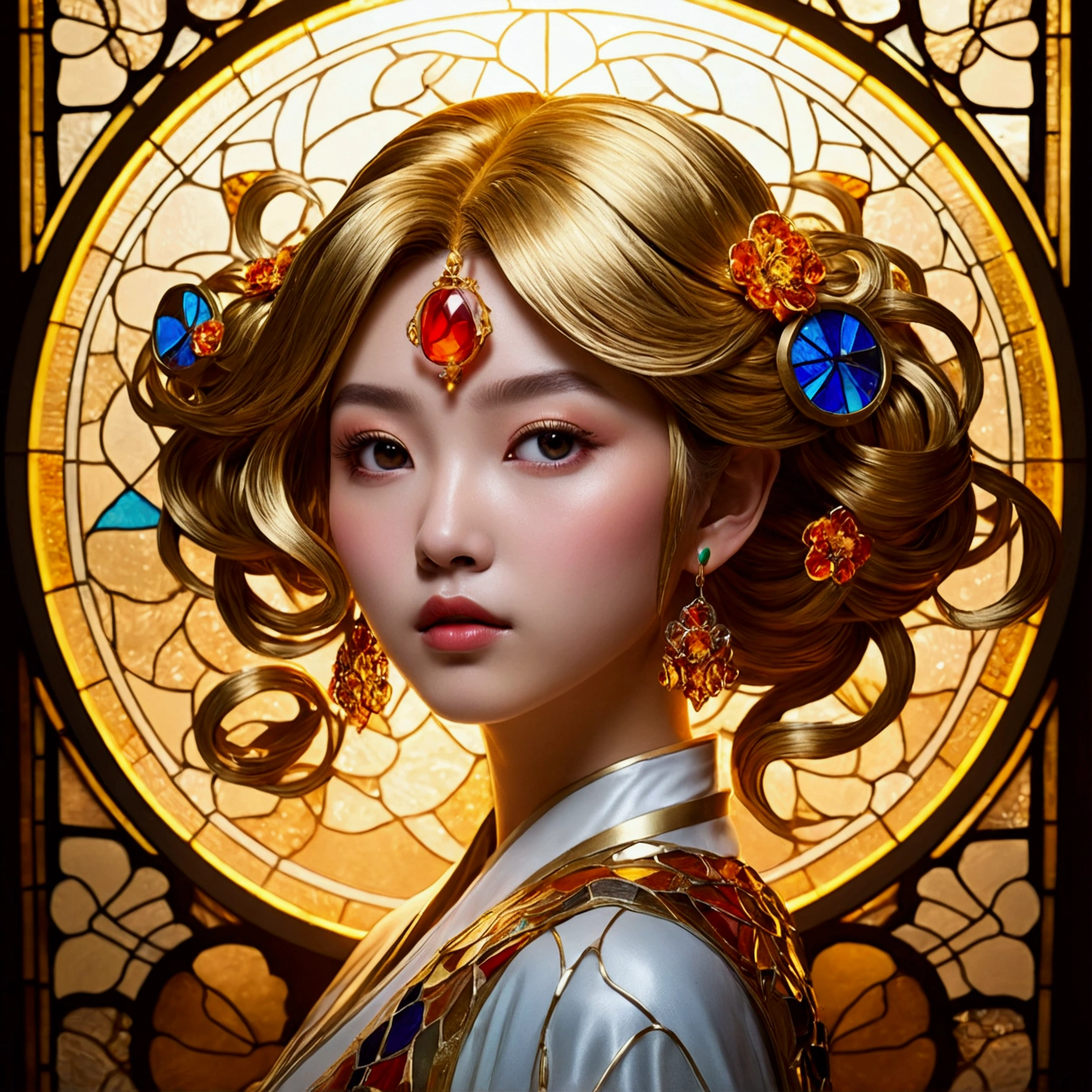 (masterpiece, Highest quality, Highest quality,Official Art, beautifully、Super Gold Hairstyle、aesthetic:1.2),(One girl:1.3), One girl BREAK stained glass art, Colored Glass, Lead wire, Light transmission BREAK Vivid colors, Intricate Design, Glowing effect, Spiritual atmosphere、Background abstract Japanese style