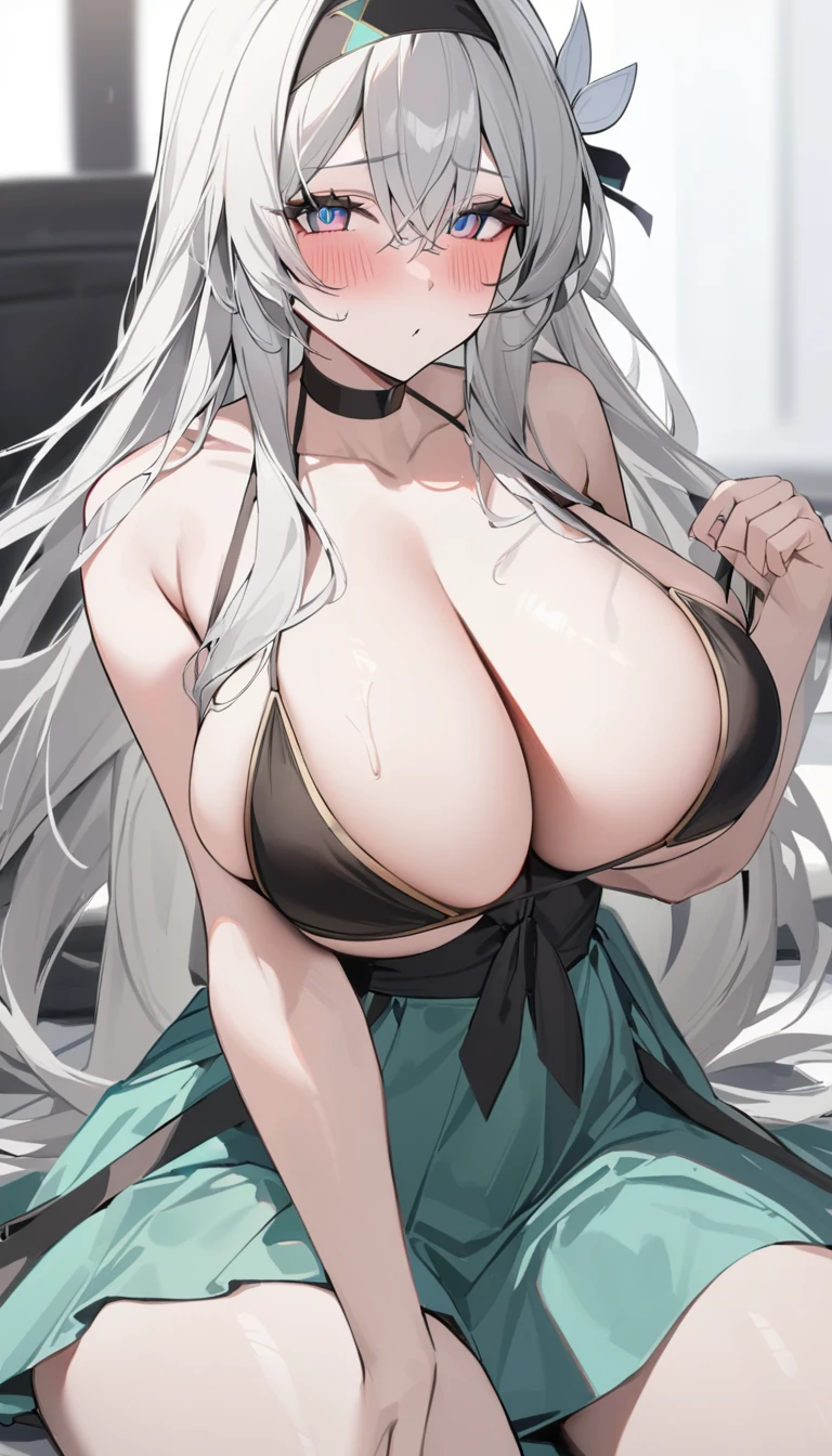 16k,masterpiece,best quality,firefly \(Collapse: Star rail\), 1 Girl, Solitary, Watching_exist_Viewer, blush, long_hair, blue_Eye, Bangs,very cute, big breast,thick thighs,hairband, closure_Mouth, White_hair, bikini, Black_hairband, wing_hair_Decorations, hair_Decorations, skirt, hair_between_Eye,white background