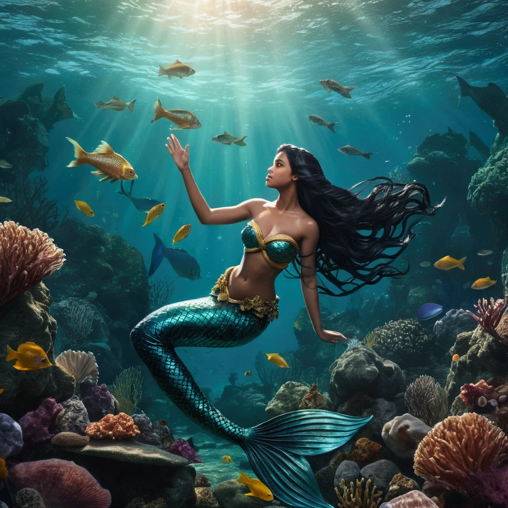 A realistic intricately detailed beautiful mermaid with long black hair saving a sailor from drowning underwater featuring A realistic beautiful underwater scenery: featuring schools of fishes, rocks, seaweed, seashells: wide shot, cinematic lighting, Raw style, professional cinematic photography, dynamic lighting, ultra HD resolution, dynamic lighting blends seamlessly with natural light, hyper realistic quality.